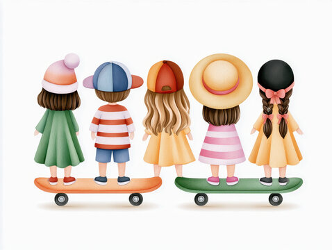 Child skateboard summer hat girl boy group craft illustration, rear view friend squad with colorful clothing and playful texture