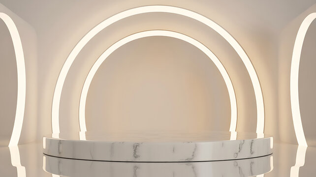 White marble circular podium in a minimalist room with glowing arched light frames, soft beige walls and reflective floor surface