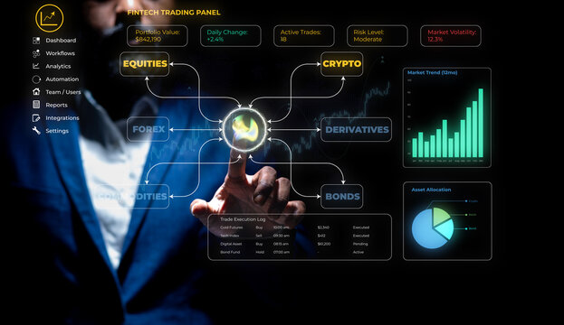 Professional trader analyzing multi-asset fintech dashboard. Real-time investment analytics with global market data visualization.