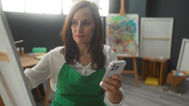 Woman painter in green apron holds phone and paintbrush while checking reference at canvas in studio; concentration creativity.