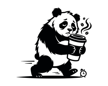 sleepwalking panda, panda with oversized coffee, giant coffee cup, sleepy panda, tired panda character, coffee lover panda, cartoon panda vector, funny panda illustration, anthropomorphic pandasleepwa