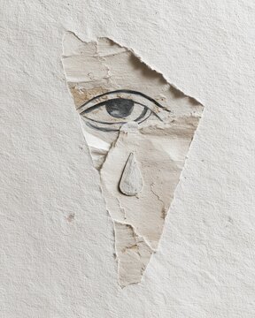 Symbolic eye with teardrop on rough, ripped piece of paper, on textured background, representing sadness and fragility