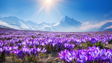 Obraz premium A serene encounter: crocuses amidst majestic snowy peaks. High r