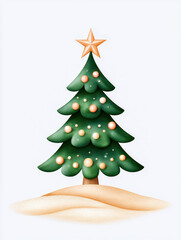 Fototapeta premium Christmas tree hand drawn cute texture craft star ornament snow green holiday illustration with orange bauble on white background