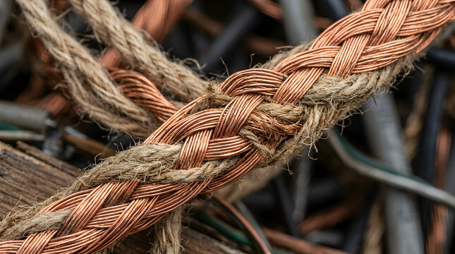 Braided copper wire intertwined with natural jute rope close-up