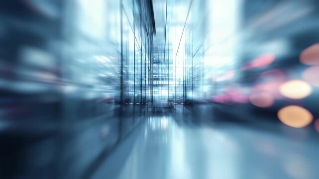 Abstract urban environment with glass buildings and vibrant lights, symbolizing progress and technology. The blurred perspective emphasizes movement and the fast pace of metropolitan areas
