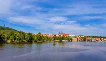 Fototapeta premium Exploring the Vltava river view in Prague Czech Republic near the dam area