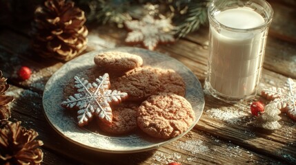 Fototapeta premium Christmas cookies and milk on rustic wooden table,