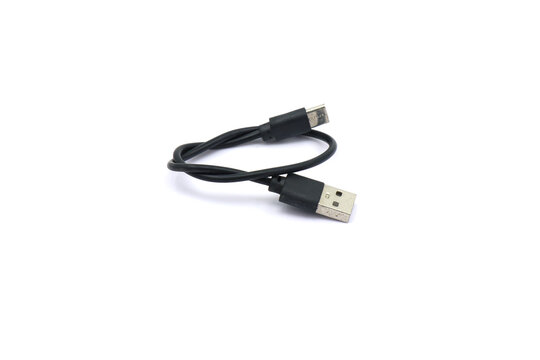 Black USB cable for charging communication devices.