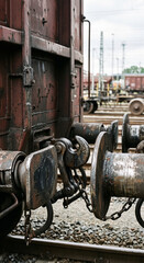 Fototapeta premium Freight wagon buffers and central coupler close-up between railcars showing robust mechanical connections for heavy cargo trains