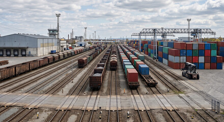 Fototapeta premium Wide symmetrical rail cargo yard with multiple tracks, freight wagons, stacked containers, warehouses and terminal infrastructure