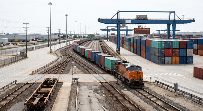 Orange freight locomotive pulling a long container train beneath gantry cranes in a busy intermodal rail logistics hub during cargo operations