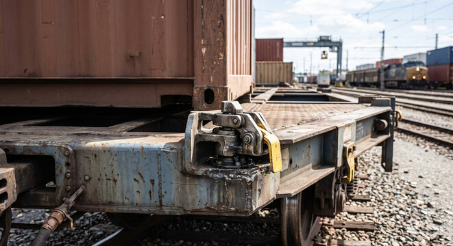 Container flatcar twist lock and corner fitting close-up showing secure intermodal cargo attachment hardware for rail transport