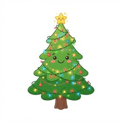 Fototapeta premium Cute Christmas tree with smiling face and lights