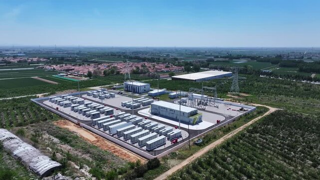 Aerial view of a large-scale energy storage power station with battery arrays and supporting facilities