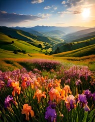 Obraz premium Stunning Sunrise Over Vibrant Iris Flower Field in Rolling Mountains.