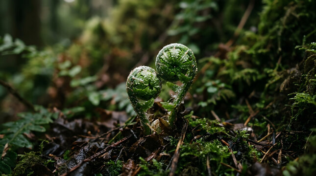 Young fern fiddleheads unfurling on mossy forest floor