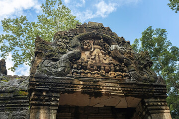 Fototapeta premium Outside view details and huge tree roots at Ta Prom temple, Siem Reap, Cambodia