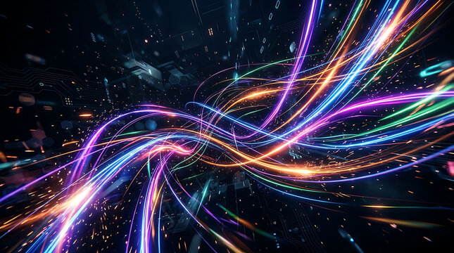 Abstract light streaks moving in space. Neon glowing lines representing high speed data.