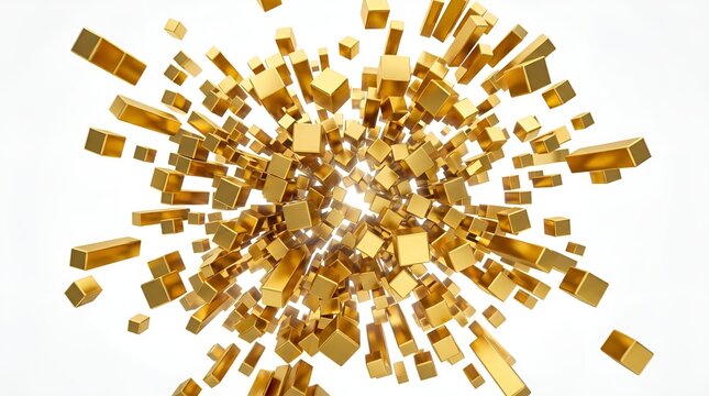 Explosion of gold geometric cubes floating isolated on white background