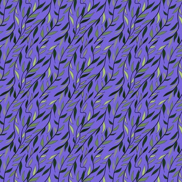 Seamless pattern with green leaves and branches on a purple background.