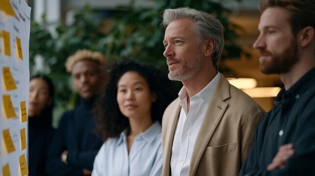 Diverse founding team of six gathered at a narrow sprint planning board in an urban loft, magnetic tiles organizing the week's priorities by persona, the group spanning visible