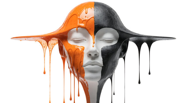 Surreal portrait sculpture, abstract face, dripping paint, black and orange, white background, studio lighting