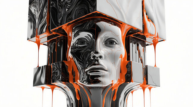 Surreal monochrome portrait with orange liquid drips, abstract human face in geometric cube form