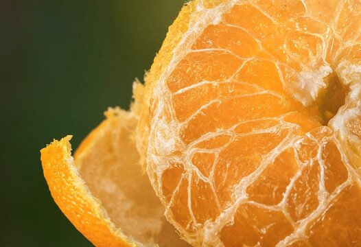Closeup macro shot of a peeled citrus fruit revealing its juicy segments and pithy white interior structure