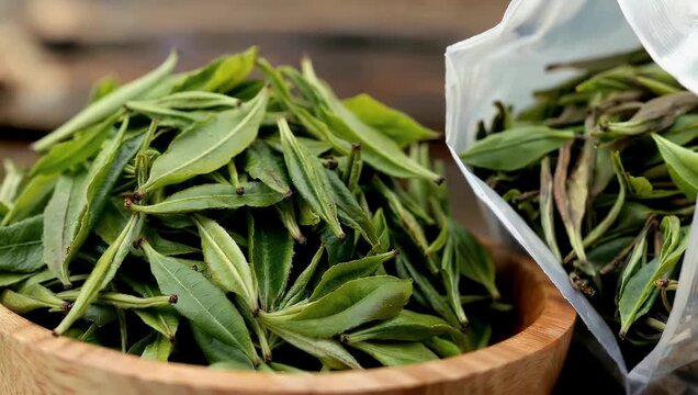 comparative 4K close-up side view showcases high-quality expensive green tea leaves in a traditional wooden bowl positioned next to a white bag containing lower-quality cheap tea clearly
