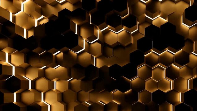 sophisticated 4K abstract background features a dynamic hexagonal pattern with a smooth gradient transitioning from black to luminous gold creating a modern visually striking and elegant digital