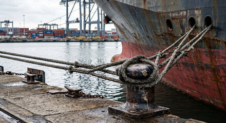 Obraz premium Close view of heavy mooring ropes wrapped around a quay bollard beside a weathered container ship hull in an industrial harbor