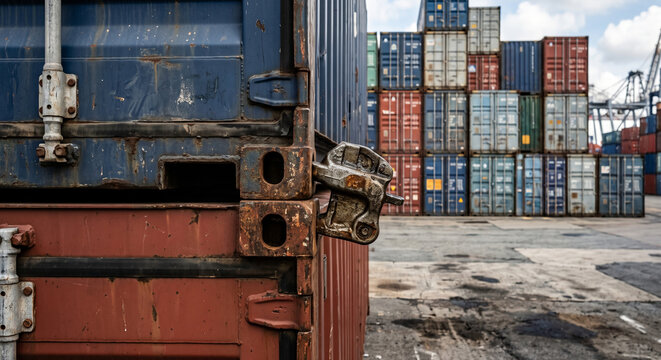 Close-up of weathered shipping container corner posts, locking hardware and stacked freight units inside a commercial seaport terminal