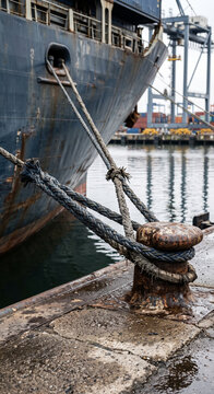 Vertical close-up of thick mooring ropes secured from a container ship to a rusted quay bollard during safe cargo vessel berthing