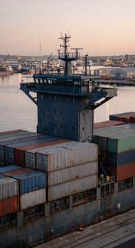 Vertical view of a container vessel bridge rising above dense deck cargo at dusk inside a large commercial maritime terminal