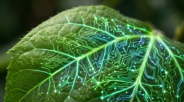 Green leaf with glowing circuit board pattern merging nature tech