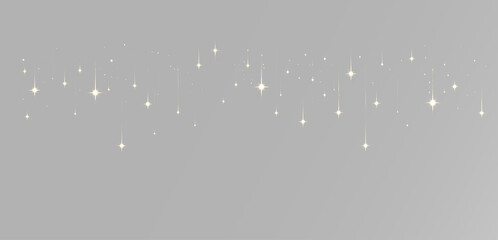 Fototapeta premium Hanging golden stars with thin vertical light streaks, glowing sparkles, falling lights and soft magical shimmer