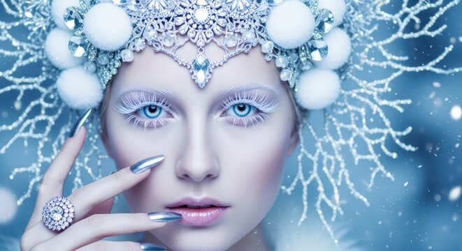 Beautiful Snow Queen Portrait with Icy Crown, White Eyelashes, and Silver Nails in Winter Fantasy Setting
