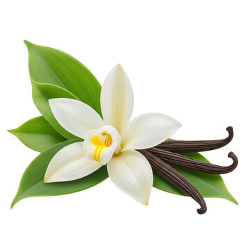 White lily flower with vanilla pods and green leaves