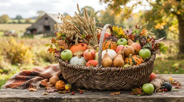 Abundant harvest basket filled with autumn produce and grains outdoors