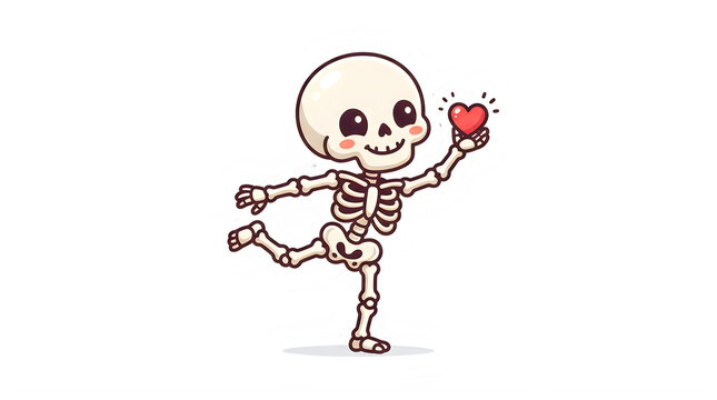 Cute cartoon skeleton holding a heart. Kawaii bone character illustration. Adorable kawaii skull graphic design element. Hugging love symbol vector art. Isolated PNG with Transparent Background 