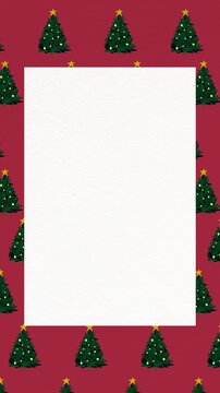 Animated Christmas greeting card template with scrolling pine trees border and white text space, suitable for celebration, promotion and holiday purpose. 4K animation, vertical resolution