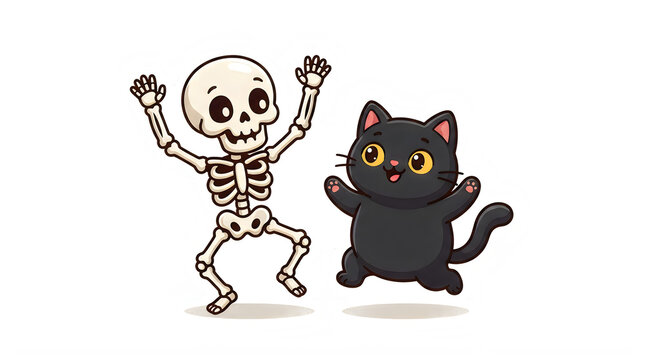 Cute Dancing Skeleton and Black Cat, Cartoon Skeleton Character and Kitten Sticker Set, Halloween Icon isolated PNG with Transparent Background Halloween