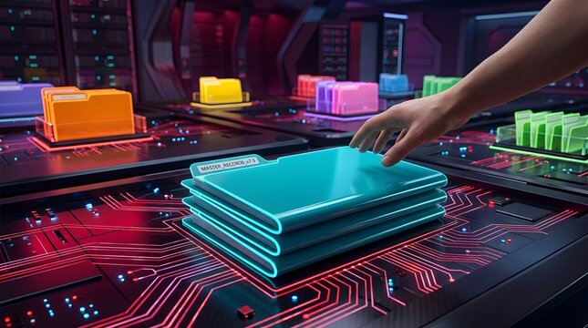 Human hand interacting with glowing digital master records in a futuristic data center, symbolizing advanced information management, secure storage, and innovative technology solutions.