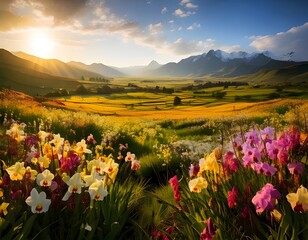Obraz premium Stunning sunset over a vibrant flower meadow in the mountains.