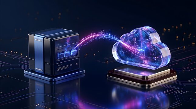 Seamless data transfer from local server storage to secure cloud computing infrastructure, showcasing modern digital migration and network connectivity.
