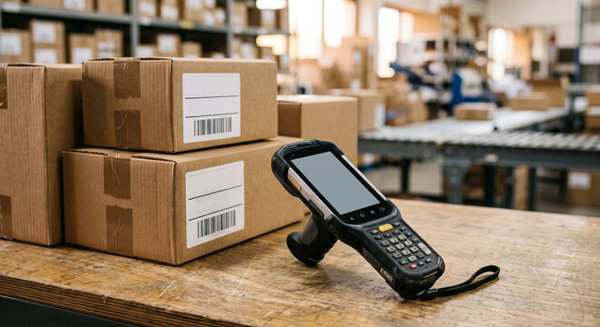 Handheld barcode reader beside labeled cardboard parcels on a wooden table with conveyor equipment in the background with no people visible