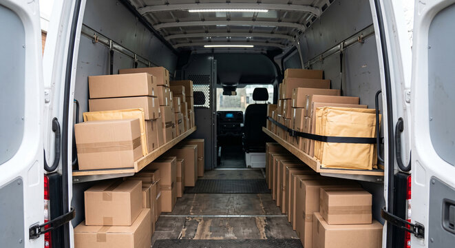 Open cargo van with rows of cardboard parcels secured along both sides of the vehicle for organized delivery transport with no people visible