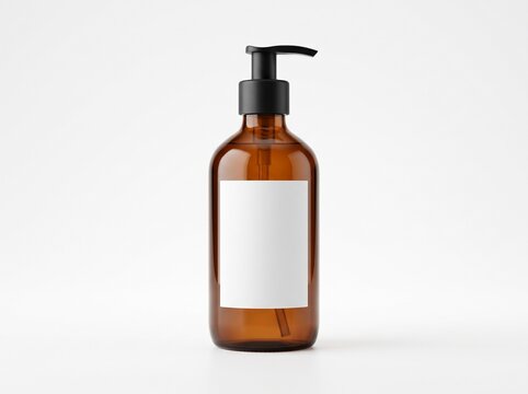 Photorealistic product photography, clear amber glass pump bottle, blank white label with no text, standing on a pure white cyclorama background, soft studio shadow beneath bottle, single soft-box