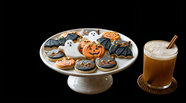 Halloween cookies shaped like ghosts and pumpkins sit on a white ceramic stand beside a spiced cider drink.